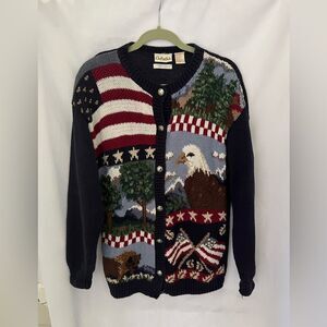 Cabelas Women's  Knitted By Hand Cardigan Sweater America US Flags M